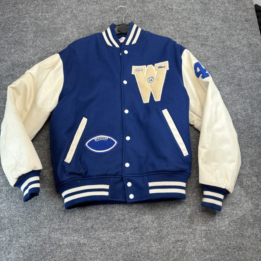 Vintage 70s Empire Varsity Letterman Jacket Royal Blue Wool Leather Men's Large